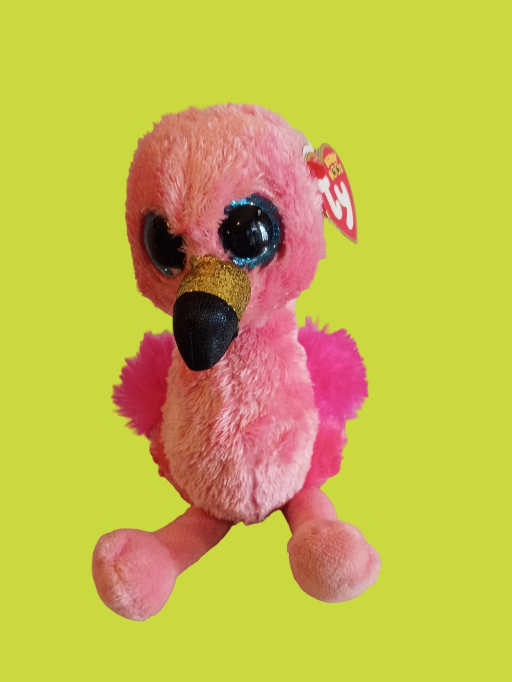 Ty Pink Flamingo Plush with Blue Glitter Eyes and Gold Beak